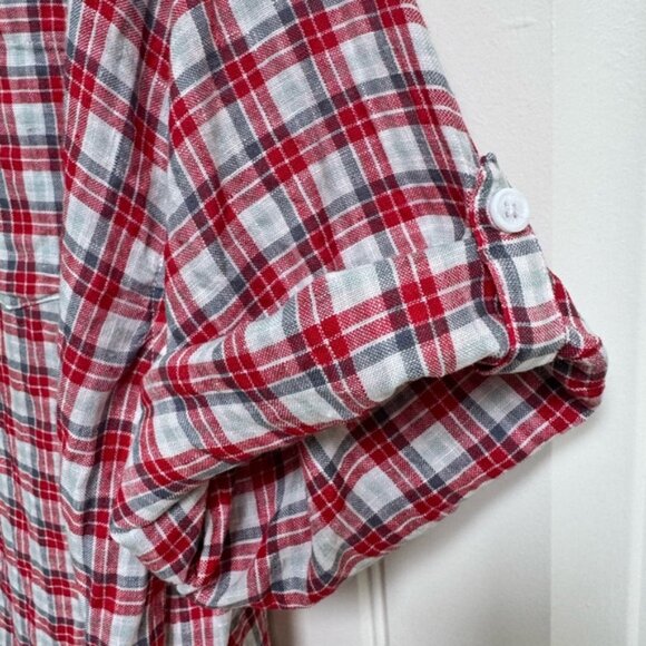 Roots 100% Linen Red, Blue, White Check Half Button Adjtable Sleeve Shirt. L - Picture 3 of 7